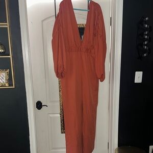 PrettyLittleThing Rust Orange V-Neck Balloon Sleeve Jumpsuit